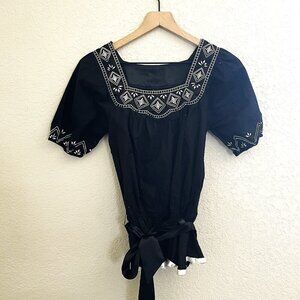 Simi Sue Square Neck Black Embroidered Cotton Blouse Small